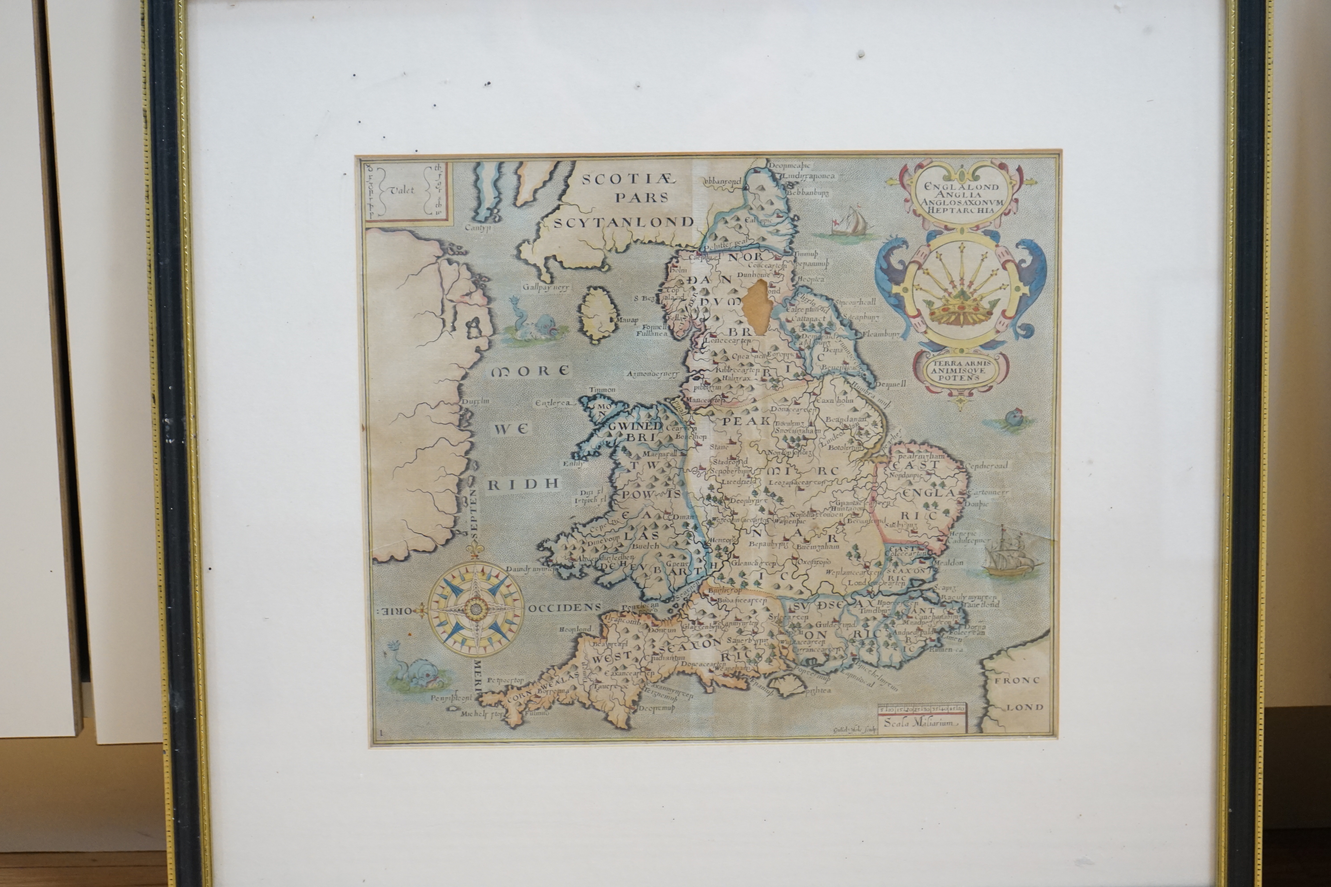 Two antique maps comprising Luxembourg by Georg Braun & Frans Hogenberg and Englalond Anglia Anglosaxonum Heptarchia by William Hole, together with an engraving of Lantony Abbey, Monmouth, Samuel & Nathaniel Buck, larges